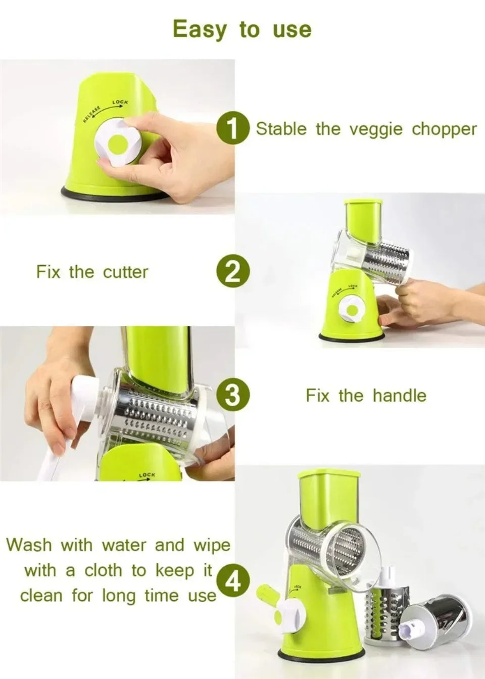 Vegetable Cutter & Slicer Manual Kitchen Cheese Chopper Machine With 3 Sharp Drums Multifunctional Garlic Potato Shredder
Green