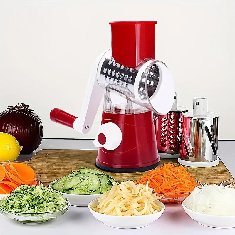 Vegetable Cutter & Slicer Manual Kitchen Cheese Chopper Machine With 3 Sharp Drums Multifunctional Garlic Potato Shredder
Red