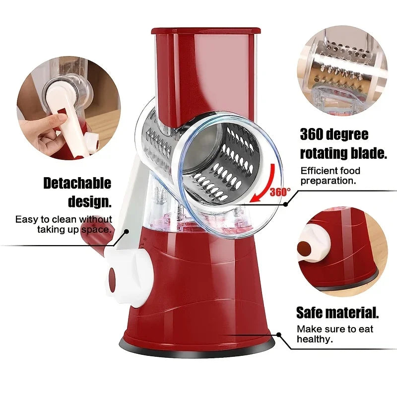 Vegetable Cutter & Slicer Manual Kitchen Cheese Chopper Machine With 3 Sharp Drums Multifunctional Garlic Potato Shredder
Red