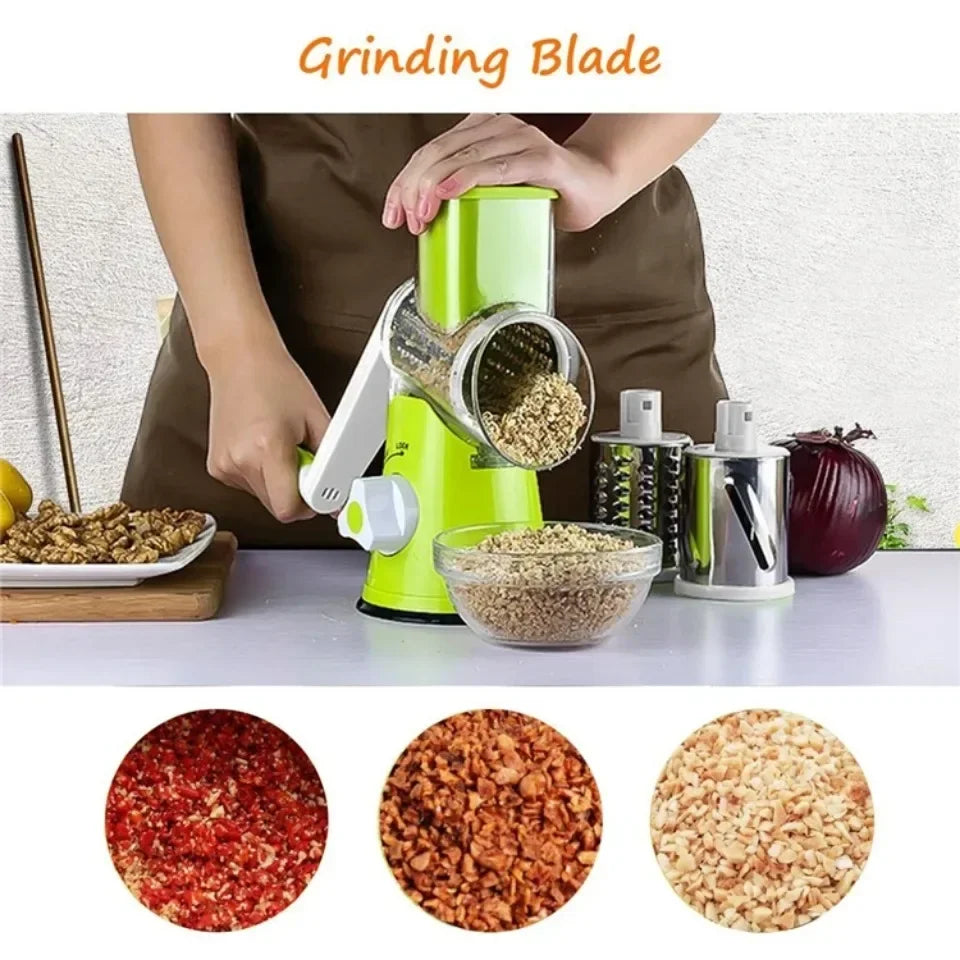 Vegetable Cutter & Slicer Manual Kitchen Cheese Chopper Machine With 3 Sharp Drums Multifunctional Garlic Potato Shredder
Green